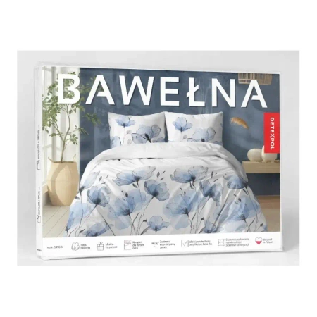 Pościel biała w akwarelowe kwiaty błękitne - 160x200 Bawełna