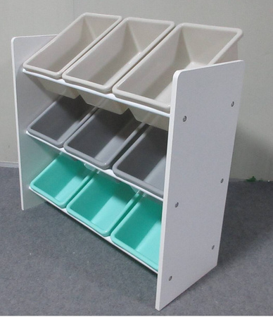 REGAŁ SIWY BIAŁY DREWNIANY POJEMNIKI PLASTIKOWE ORGANIZER NA ZABAWKI DZIECI