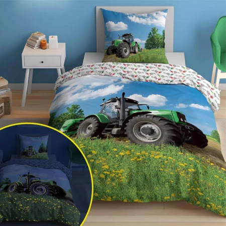 TRAKTOR WIEŚ POLE POŚCIEL ŚWIECĄCA W CIEMNOŚCI FLUO ŚWIECI DZIECI 160X200