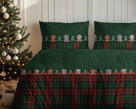 POŚCIEL ŚWIĄTECZNA ŚWIĘTA CZERWONA DOMEK KRATA BAWEŁNA FLANELA 220X200