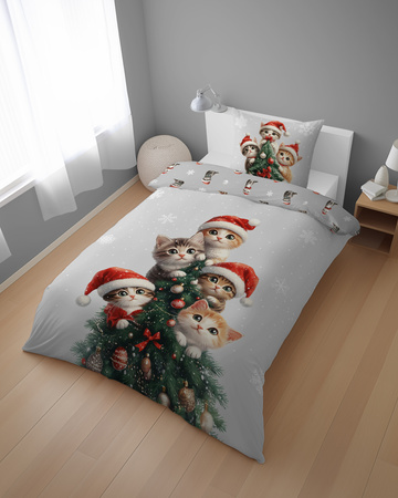 POŚCIEL ŚWIĄTECZNA BAWEŁNA KOTKI CHOINKA BOMBKI 160x200cm KOTEK