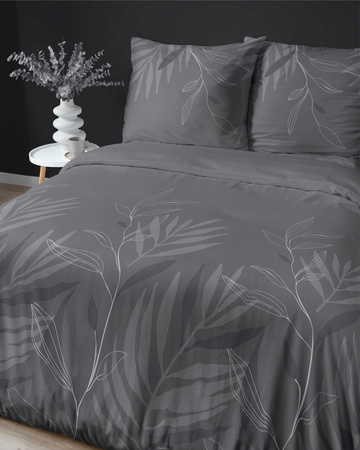 Pościel Satynowa 160x200 Liście na Graficie Ciemno-szary