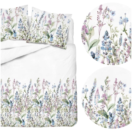 Pościel Satynowa 160x200 Biała w Niebiesko-Fioletowe Polne Kwiaty - Satin S