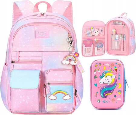 TĘCZOWY PLECAK SZKOLNY + PIÓRNIK 3D JEDNOROŻEC 1-3