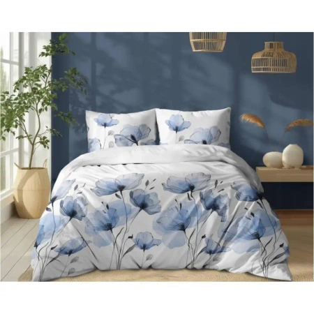Pościel biała w akwarelowe kwiaty błękitne - 160x200 Bawełna