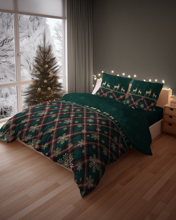 ŚWIĘTA ŚWIĄTECZNA POŚCIELZIELONA RENIFERY KRATKA ŚNIEŻYNKA BAWEŁNA 220X200