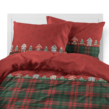 POŚCIEL ŚWIĄTECZNA ŚWIĘTA ZIELONA DOMEK KRATA BAWEŁNA FLANELA 160X200