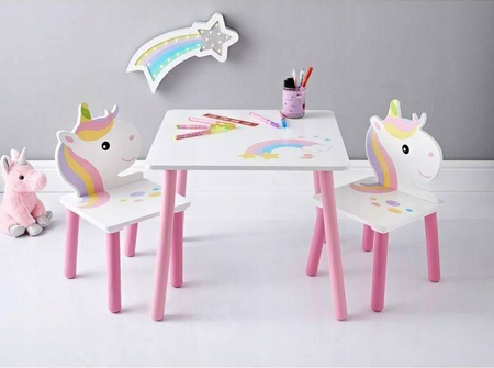 JEDNOROŻEC KONIK BIAŁY STÓŁ STOLIK DREWNIANY 2 KRZESŁA DLA DZIECI MEBELKI