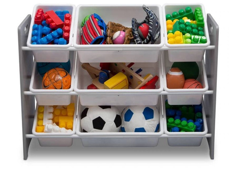 BIAŁY SIWY DREWNIANY REGAŁ ORGANIZER POJEMNIKI PLASTIKOWE