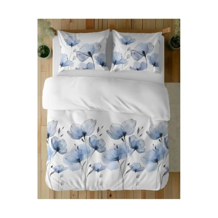 Pościel biała w akwarelowe kwiaty błękitne - 160x200 Bawełna