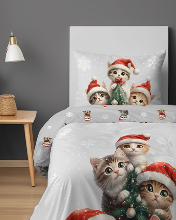 POŚCIEL ŚWIĄTECZNA BAWEŁNA KOTKI CHOINKA BOMBKI 160x200cm KOTEK