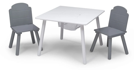 BIAŁY SIWY SZARY STÓŁ STOLIK 2 KRZESŁA DZIECI DREWNIANY ZESTAW + KOSZ