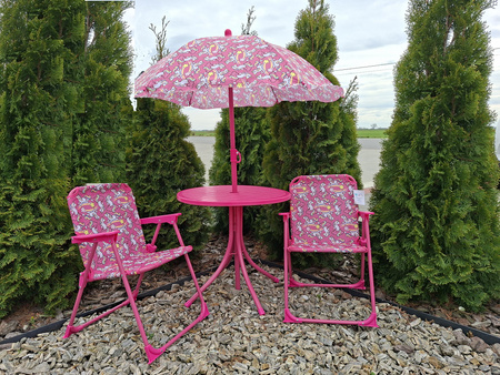 JEDNOROŻEC ZESTAW STÓŁ STOLIK 2 KRZESŁA Z PARASOLEM PARASOL DZIECI OGRODOWY