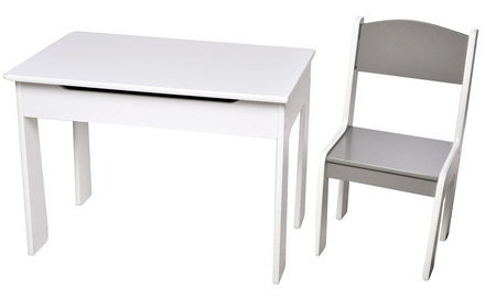 STOLIK BIAŁY SIWY DREWNIANY Z POJEMNIKIEM KRZESEŁKO ZESTAW DLA DZIECI MEBLE