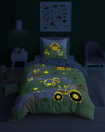 TRAKTOR FARMA KROWA POŚCIEL ŚWIECĄCA W CIEMNOŚCI ŚWIECI 160X200