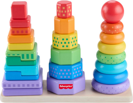 Fisher-Price DREWNIANE PIRAMIDKI KLOCKI SORTER KSZTAŁTÓW SENSORYKA HXT76