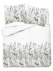 Pościel Satynowa 160x200 Biała w Niebiesko-Fioletowe Polne Kwiaty - Satin S