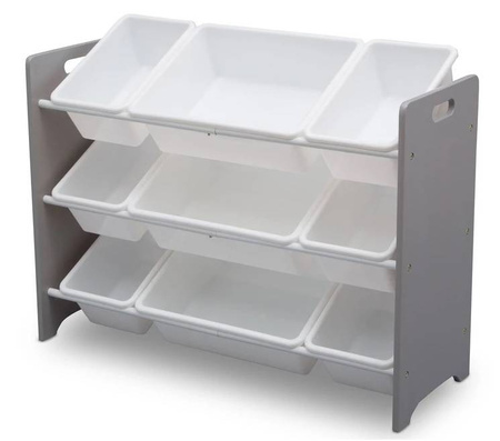 BIAŁY SIWY DREWNIANY REGAŁ ORGANIZER POJEMNIKI PLASTIKOWE