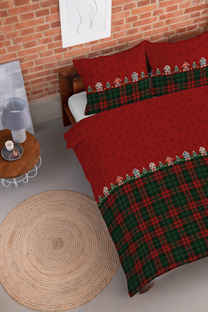 POŚCIEL ŚWIĄTECZNA ŚWIĘTA ZIELONA DOMEK KRATA BAWEŁNA FLANELA 220X200
