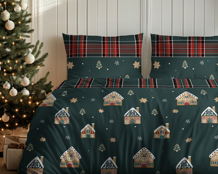 POŚCIEL ŚWIĄTECZNA ŚWIĘTA ZIELONA DOMEK Z PIERNIKA KRATA BAWEŁNA 220X200
