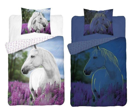 KOŃ KONIE KONIK BIAŁY POŚCIEL ŚWIECĄCA W CIEMNOŚCI ŚWIECI FLUO 160x200