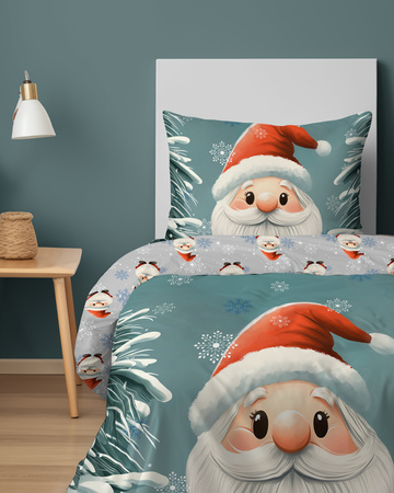 Pościel Młodzieżowa Bawełna 140x200 Świąteczna Skrzat Mikołaj Śnieg