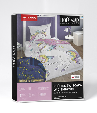 JEDNOROŻEC UNICORN KONIK POŚCIEL ŚWIECĄCA W CIEMNOŚCI ŚWIECI FLUO 160x200