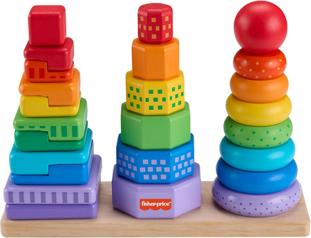 Fisher-Price DREWNIANE PIRAMIDKI KLOCKI SORTER KSZTAŁTÓW SENSORYKA HXT76