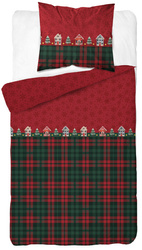 POŚCIEL ŚWIĄTECZNA ŚWIĘTA CZERWONA DOMEK KRATA BAWEŁNA FLANELA 140X200