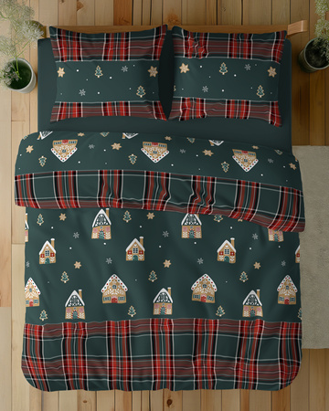 POŚCIEL ŚWIĄTECZNA ŚWIĘTA ZIELONA DOMEK Z PIERNIKA KRATA BAWEŁNA 220X200