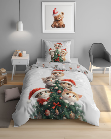 POŚCIEL ŚWIĄTECZNA BAWEŁNA KOTKI CHOINKA BOMBKI 140x200cm KOTEK
