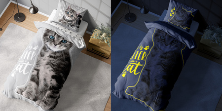 KOT KOTEK POŚCIEL ŚWIECĄCA W CIEMNOŚCI ŚWIECI DWUSTRONNA 160X200