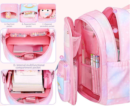 TĘCZOWY PLECAK SZKOLNY + PIÓRNIK 3D JEDNOROŻEC 1-3