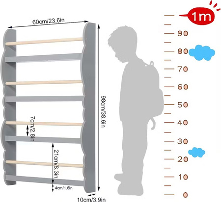 REGAŁ ŚCIENNY DREWNIANY NA KSIĄŻKI DLA DZIECI BIURA PÓŁKA PÓŁKI