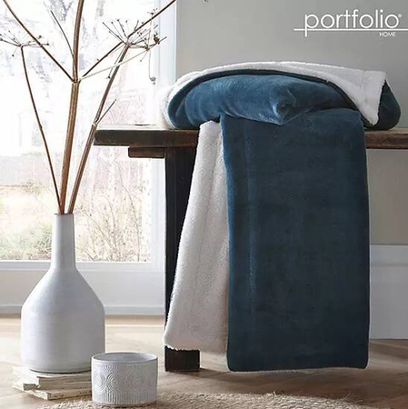 NIEBIESKI CIEPŁY KOC PLED SHERPA NARZUTA