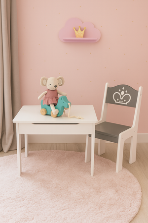 STOLIK BIAŁY SIWY DREWNIANY KSIĘŻNICZKI KRZESEŁKO ZESTAW DLA DZIECI MEBLE