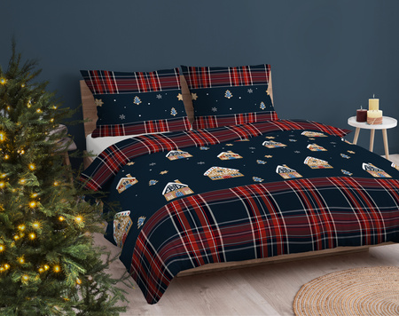 POŚCIEL ŚWIĄTECZNA ŚWIĘTA GRANATOWA DOMEK Z PIERNIKA KRATA BAWEŁNA 220x200