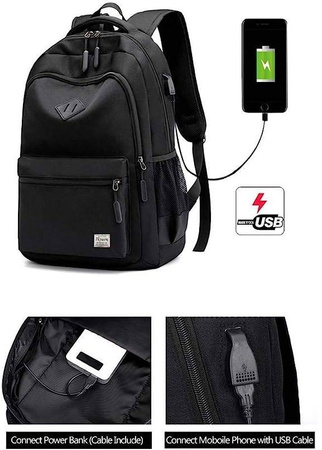 DUŻY PLECAK CZARNY MIEJSKI MĘSKI NA LAPTOPA + USB