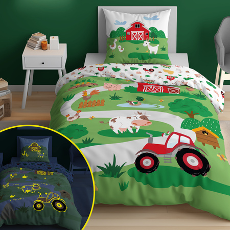 TRAKTOR FARMA KROWA POŚCIEL ŚWIECĄCA W CIEMNOŚCI ŚWIECI 160X200