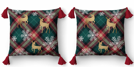 PODUSZKA ŚWIATECZNA JASIEK 45x45 Z FRĘDZLAMI CZERWONA KRATA RENIFER + WKŁAD