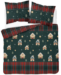 POŚCIEL ŚWIĄTECZNA ŚWIĘTA ZIELONA DOMEK Z PIERNIKA KRATA BAWEŁNA  160X200