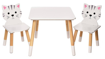 BIAŁY SIWY STÓŁ STOLIK KOTEK KOT 2 KRZESŁA DZIECI