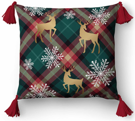 PODUSZKA ŚWIATECZNA JASIEK 45x45 Z FRĘDZLAMI CZERWONA KRATA RENIFER + WKŁAD