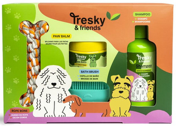 TRESKY & FRIENDS ZESTAW DLA PSA PIESKA SZAMPON BALSAM KOŚĆ ZABAWKI SZCZOTKA