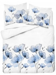 Pościel biała w akwarelowe kwiaty błękitne - 160x200 Bawełna