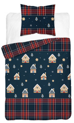  POŚCIEL ŚWIĄTECZNA ŚWIĘTA GRANATOWA DOMEK Z PIERNIKA KRATA BAWEŁNA 140X200