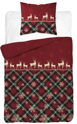 ŚWIĘTA ŚWIĄTECZNA POŚCIEL CZERWONA RENIFER KRATKA ŚNIEŻYNKA BAWEŁNA 140X200
