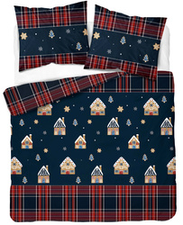  POŚCIEL ŚWIĄTECZNA ŚWIĘTA GRANATOWA DOMEK Z PIERNIKA KRATA BAWEŁNA 160X200