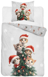 POŚCIEL ŚWIĄTECZNA BAWEŁNA KOTKI CHOINKA BOMBKI 160x200cm KOTEK