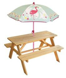 FLAMING STOLIK ZESTAW OGRODOWY PIKNIKOWY DREWNIANY PARASOL DLA DZIECI